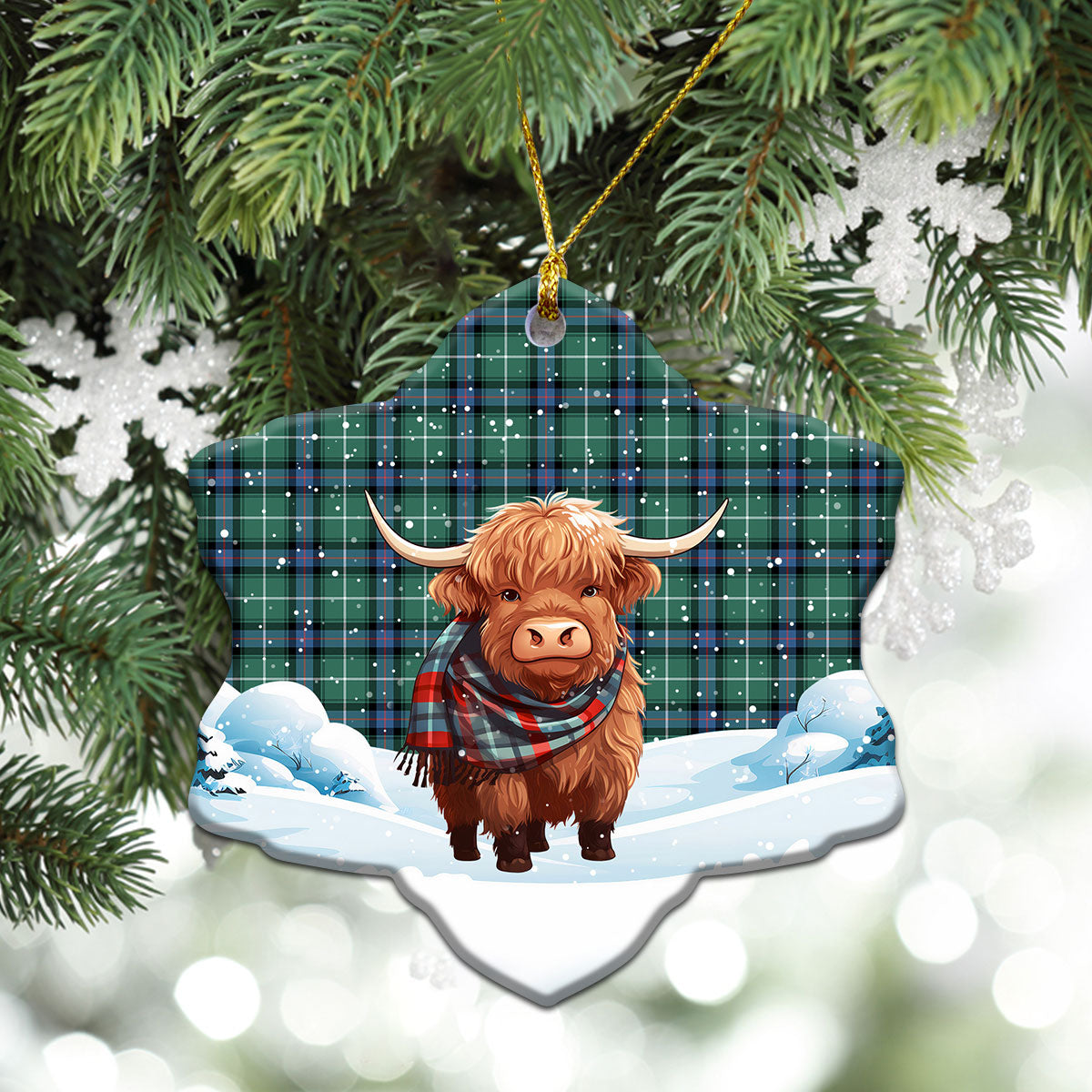 McDonald of the Isles Hunting Ancient Tartan Christmas Ceramic Ornament - Highland Cows Snow Style