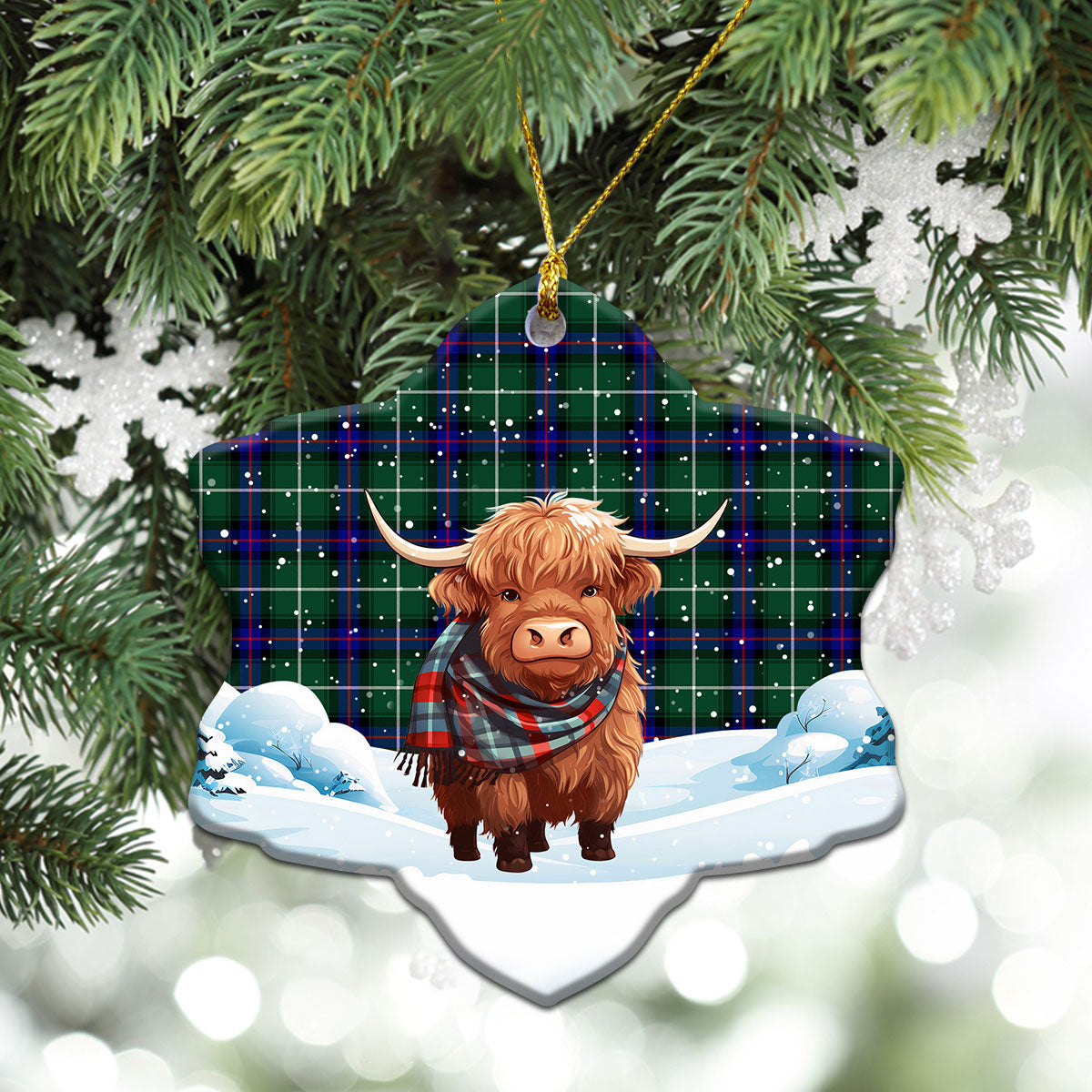 McDonald of the Isles Hunting Modern Tartan Christmas Ceramic Ornament - Highland Cows Snow Style