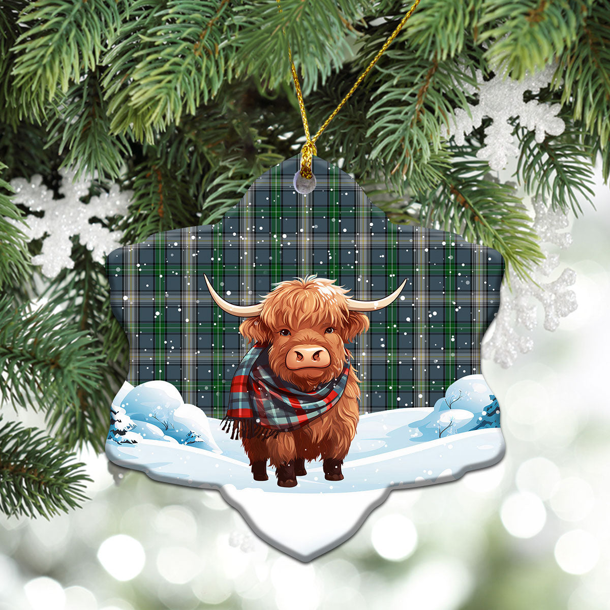 McDowall Tartan Christmas Ceramic Ornament - Highland Cows Snow Style