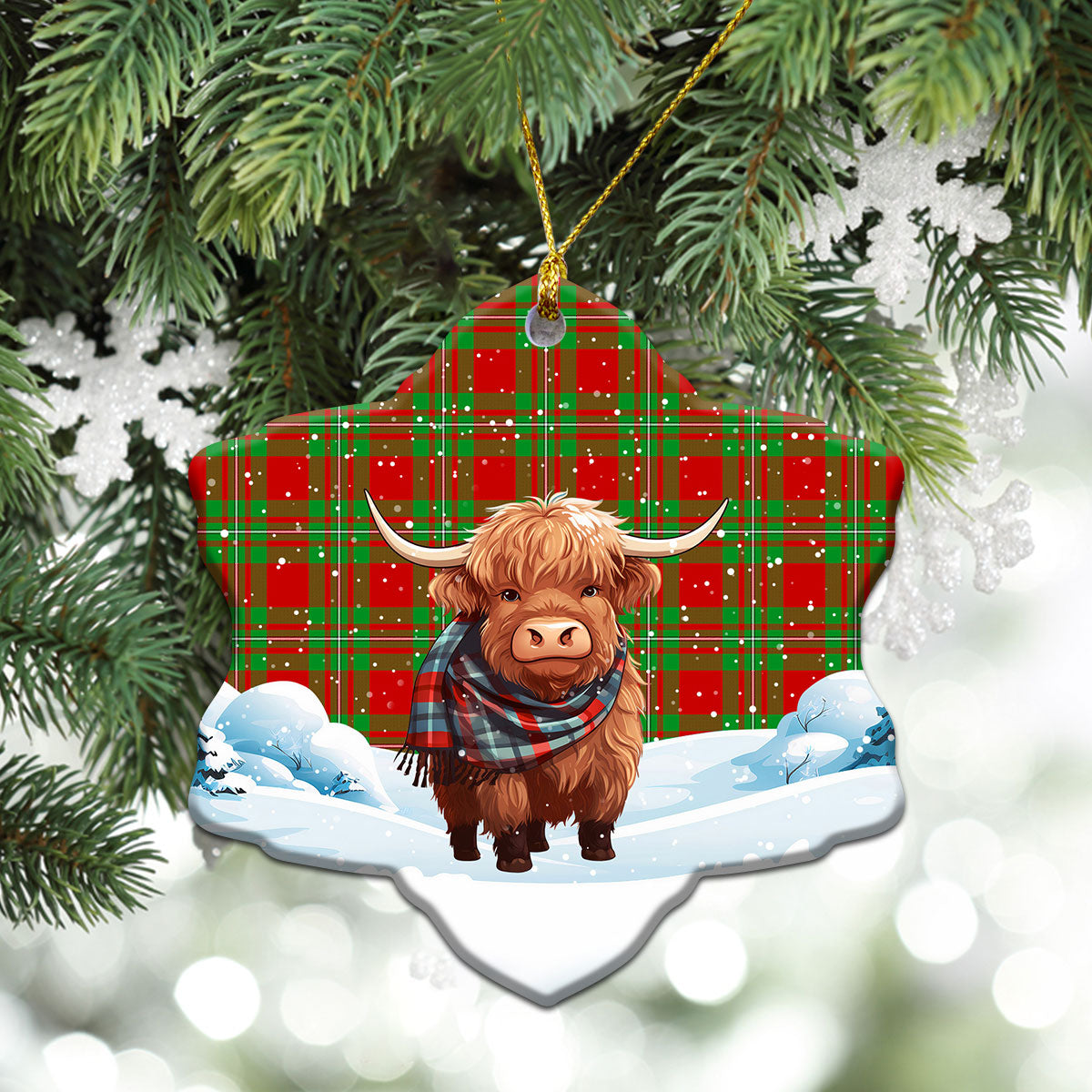 McGregor Modern Tartan Christmas Ceramic Ornament - Highland Cows Snow Style