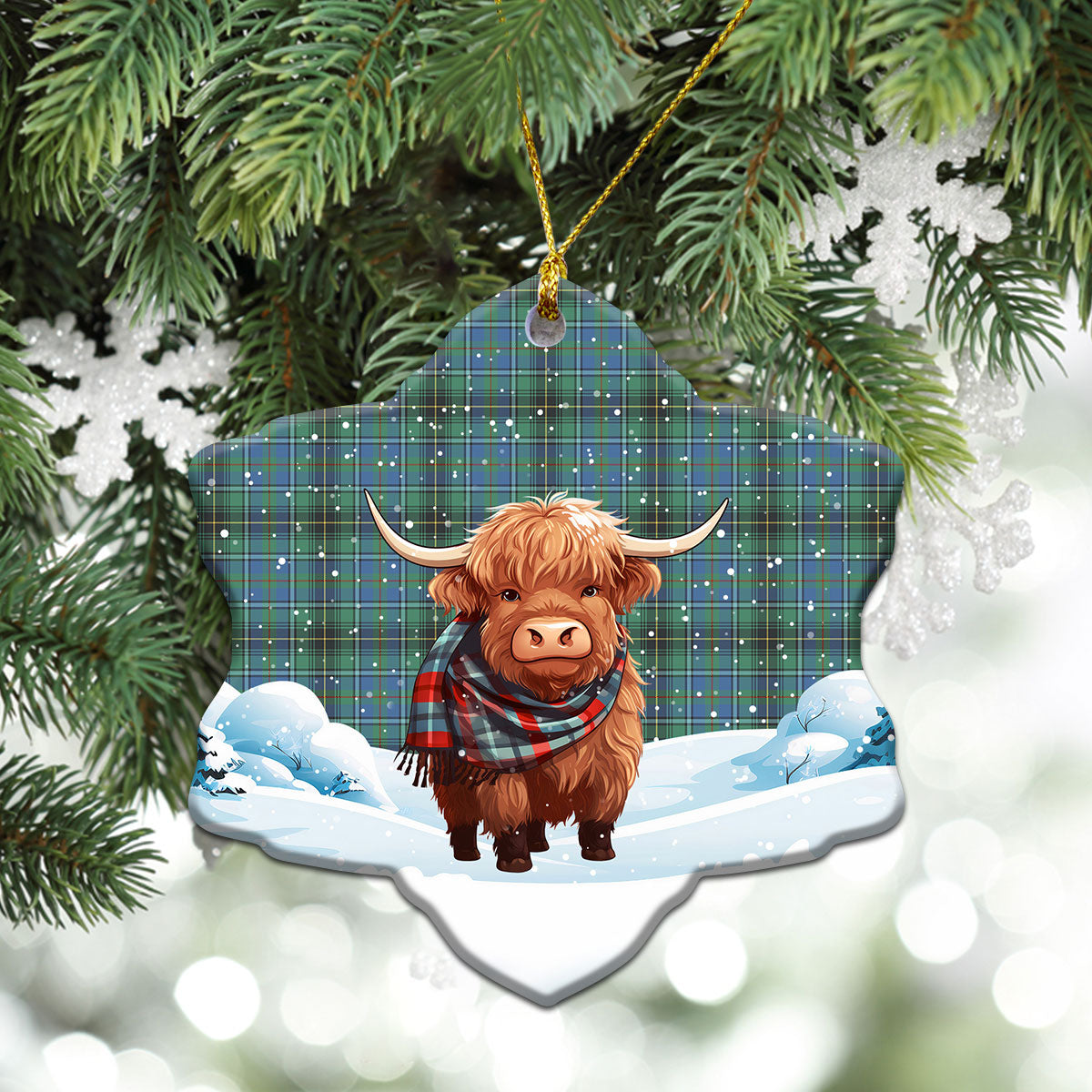 McInnes Ancient Tartan Christmas Ceramic Ornament - Highland Cows Snow Style