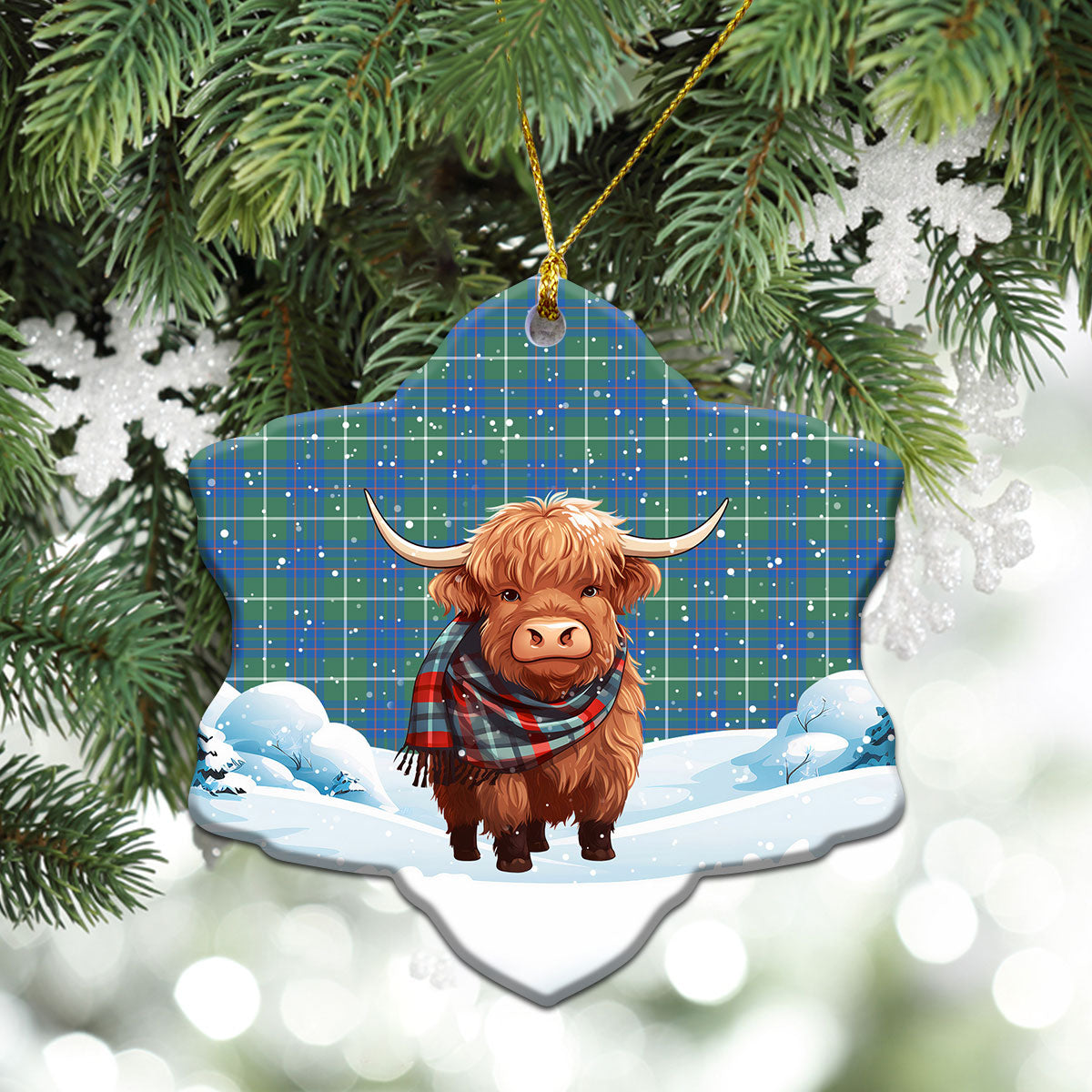 McIntyre Hunting Ancient Tartan Christmas Ceramic Ornament - Highland Cows Snow Style