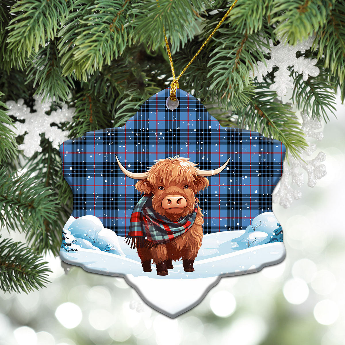 McKay Blue Tartan Christmas Ceramic Ornament - Highland Cows Snow Style