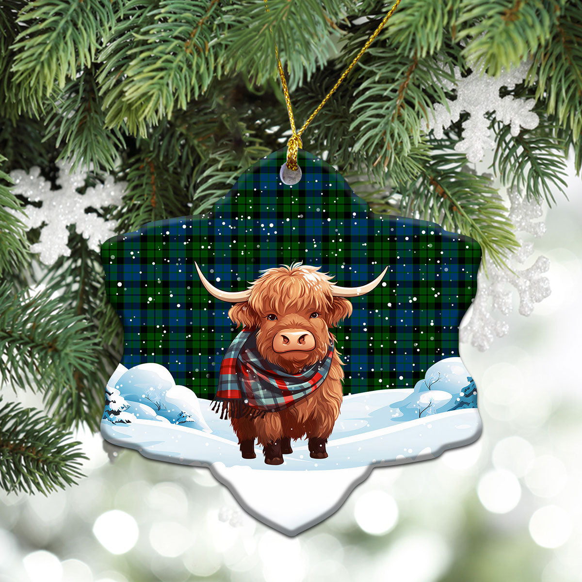 McKay Modern Tartan Christmas Ceramic Ornament - Highland Cows Snow Style