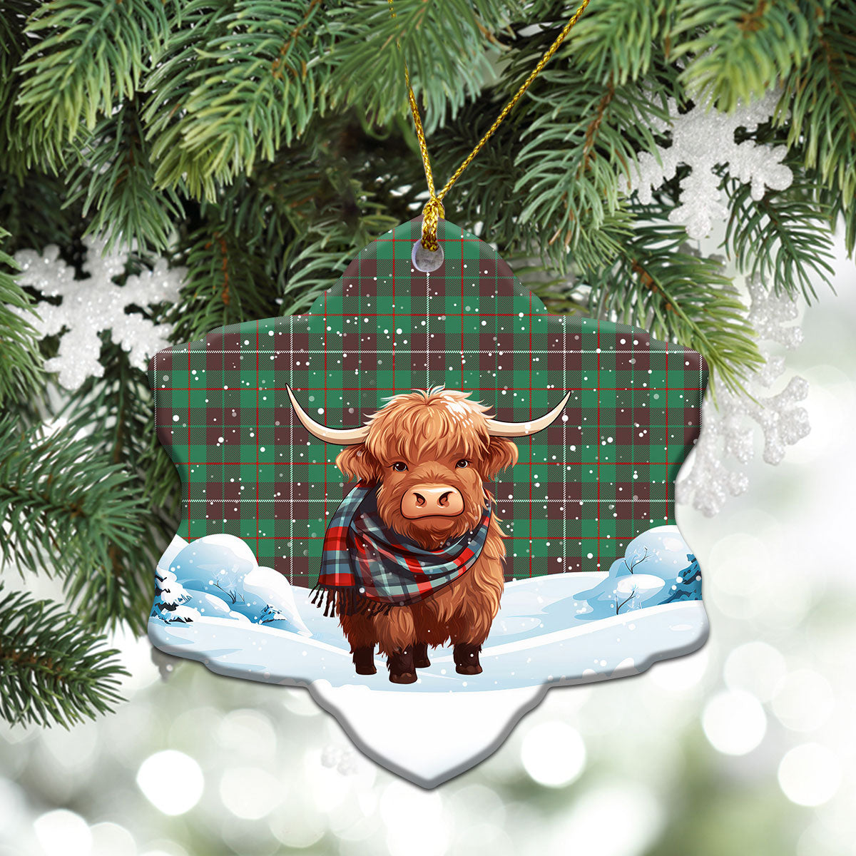 McKinnon Hunting Ancient Tartan Christmas Ceramic Ornament - Highland Cows Snow Style