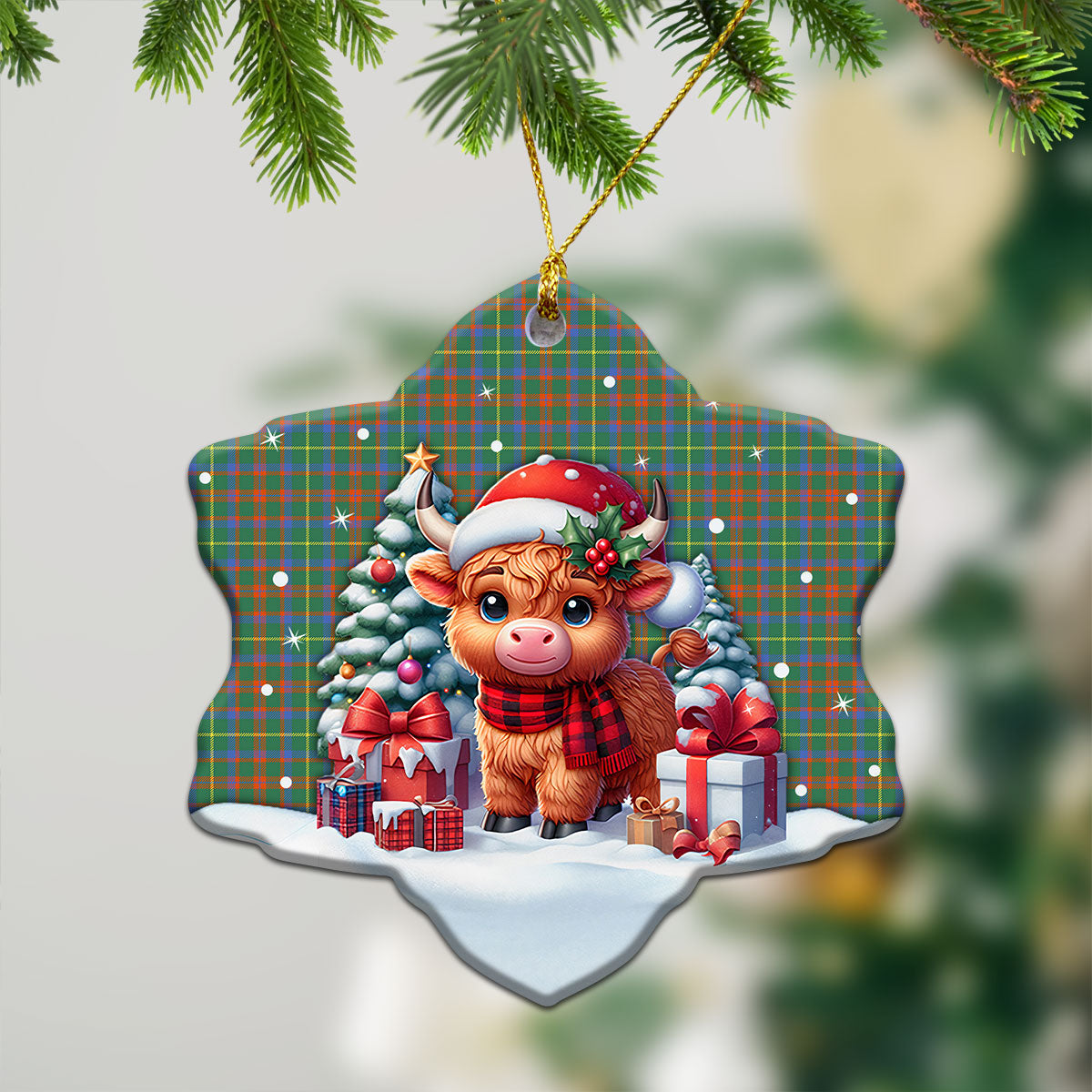 McKintosh Hunting Ancient Tartan Christmas Ceramic Ornament - Highland Cow Winter Style