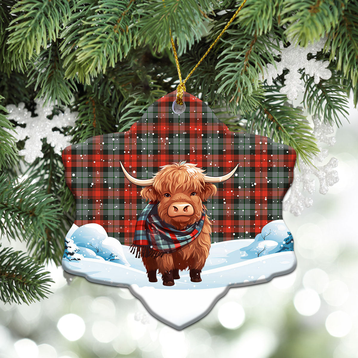 McLachlan Weathered Tartan Christmas Ceramic Ornament - Highland Cows Snow Style