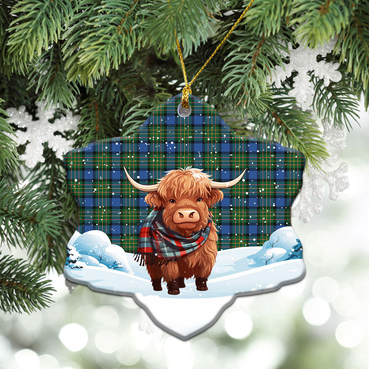 McLaren Ancient Tartan Christmas Ceramic Ornament - Highland Cows Snow Style