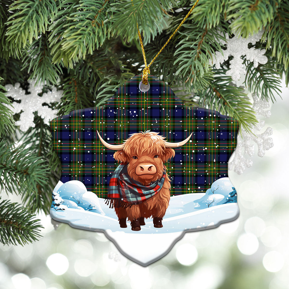 McLaren Modern Tartan Christmas Ceramic Ornament - Highland Cows Snow Style