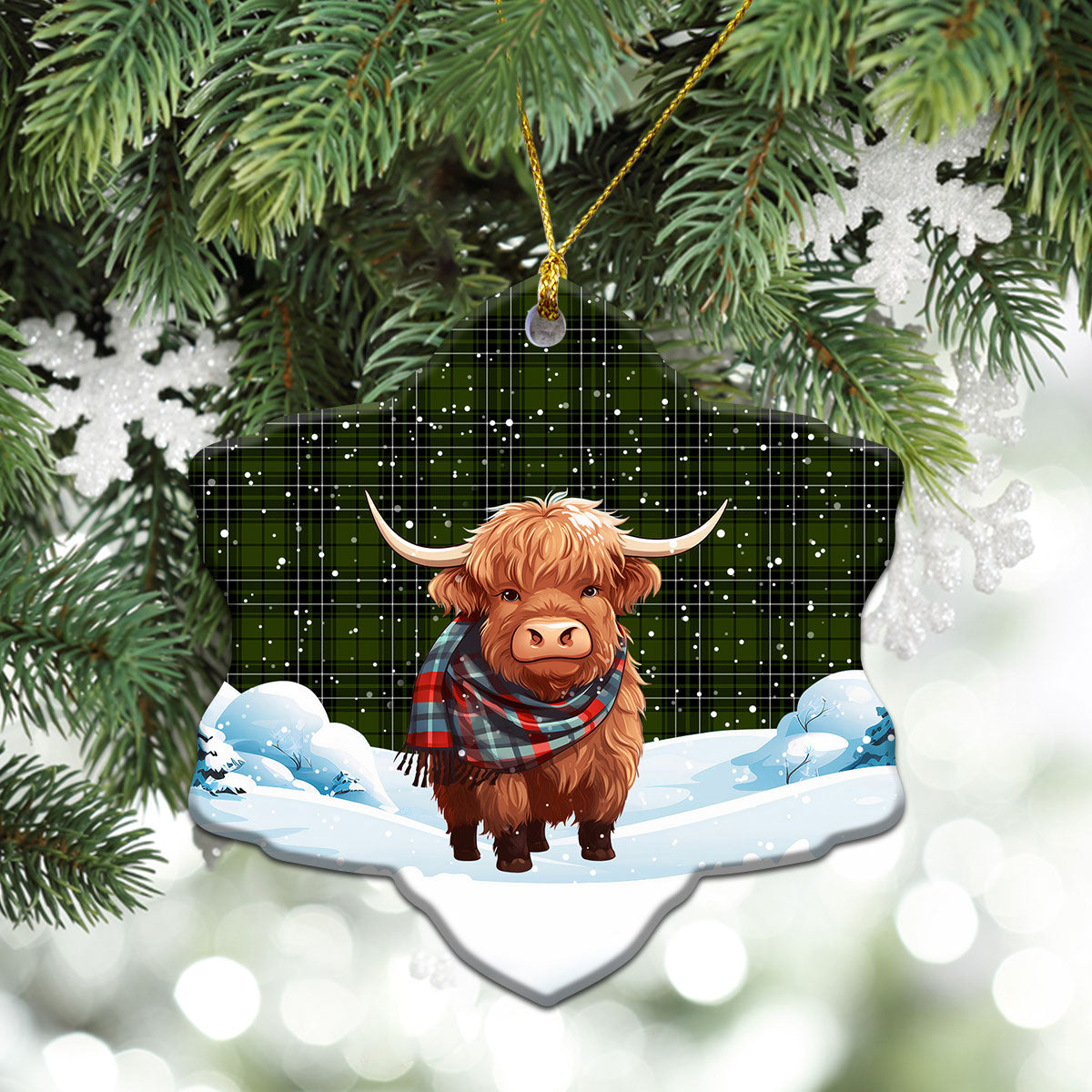 McLean Hunting Tartan Christmas Ceramic Ornament - Highland Cows Snow Style