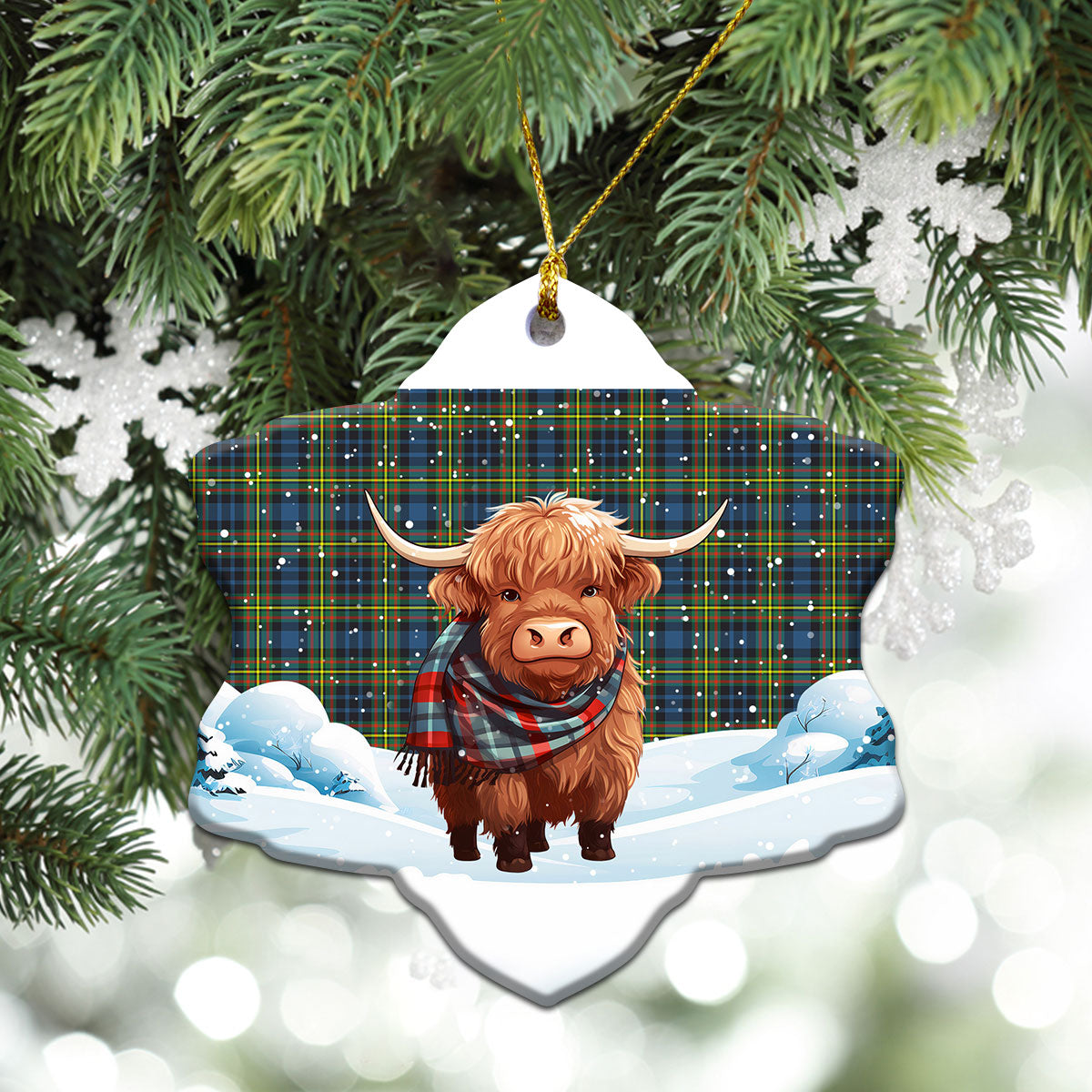 McLellan Ancient Tartan Christmas Ceramic Ornament - Highland Cows Snow Style