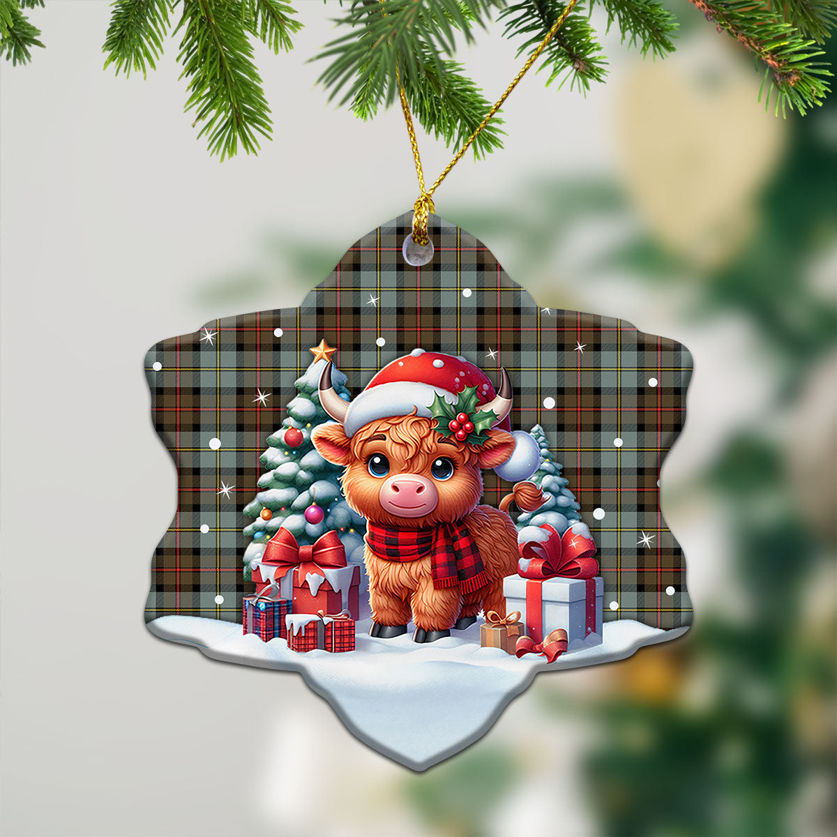 McLeod of Harris Weathered Tartan Christmas Ceramic Ornament - Highland Cow Winter Style