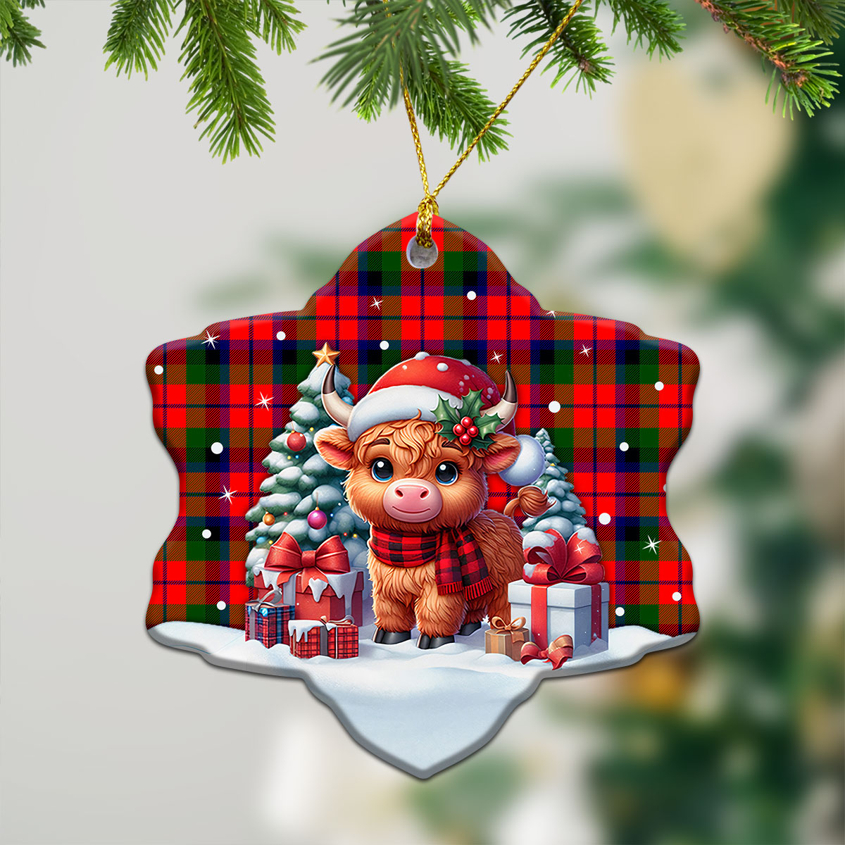 McNaughton Modern Tartan Christmas Ceramic Ornament - Highland Cow Winter Style