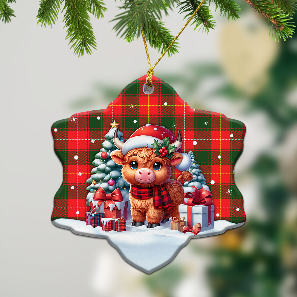 McPhee Tartan Christmas Ceramic Ornament - Highland Cow Winter Style