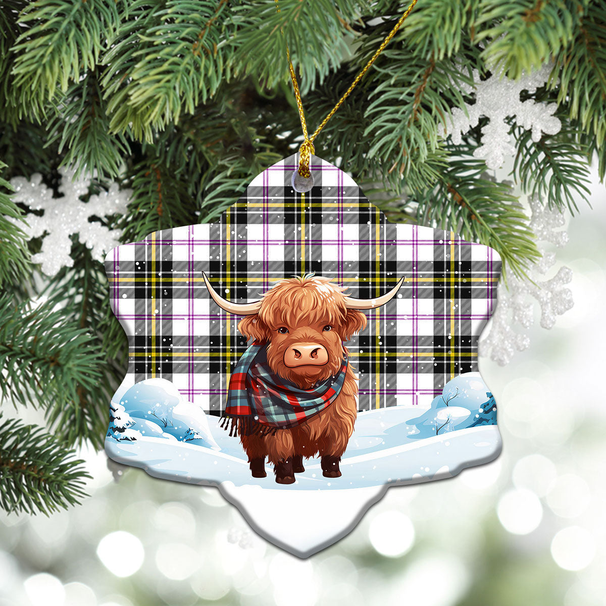 McPherson Dress Modern Tartan Christmas Ceramic Ornament - Highland Cows Snow Style