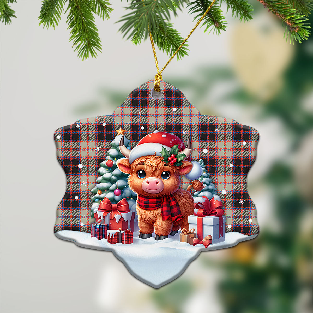 McPherson Hunting Ancient Tartan Christmas Ceramic Ornament - Highland Cow Winter Style