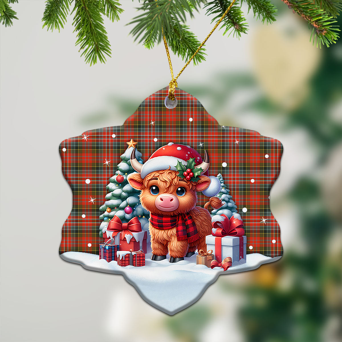 McPherson Weathered Tartan Christmas Ceramic Ornament - Highland Cow Winter Style