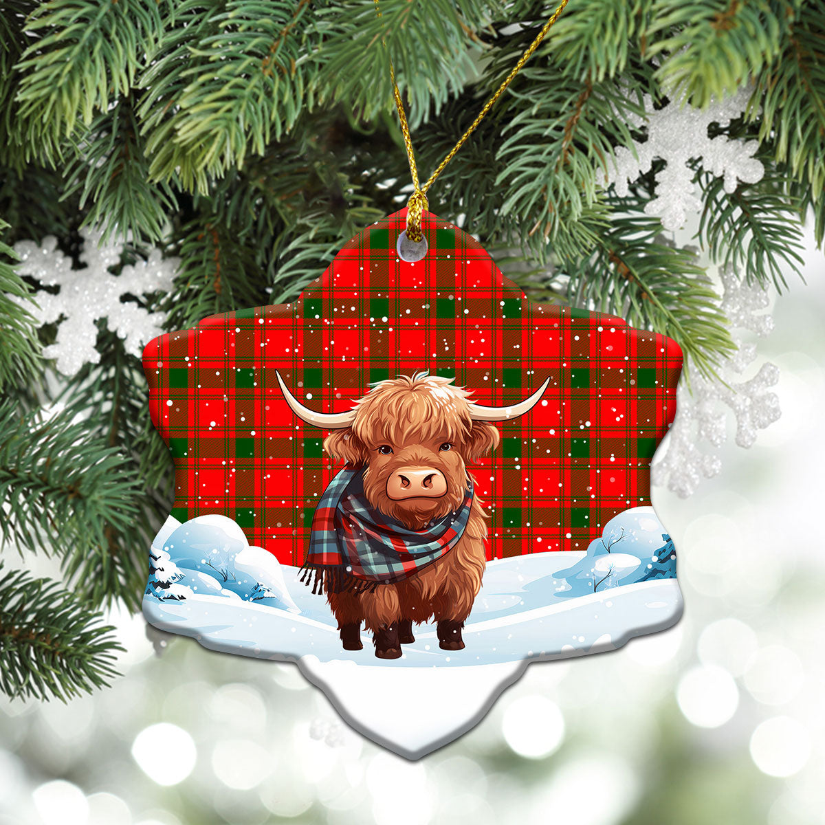 McQuarrie Tartan Christmas Ceramic Ornament - Highland Cows Snow Style