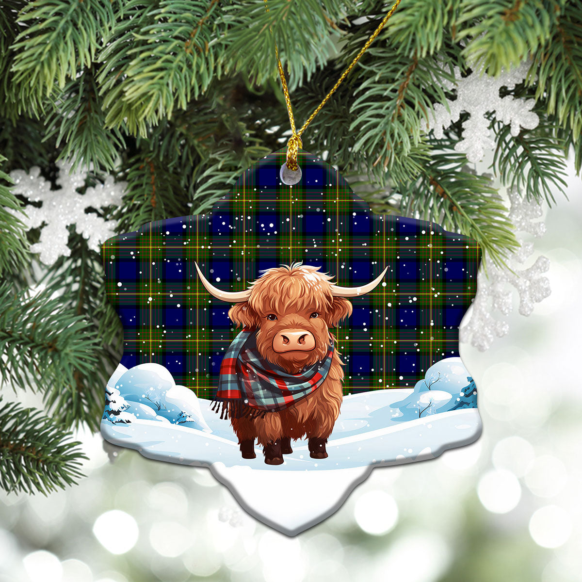 Muir Tartan Christmas Ceramic Ornament - Highland Cows Snow Style