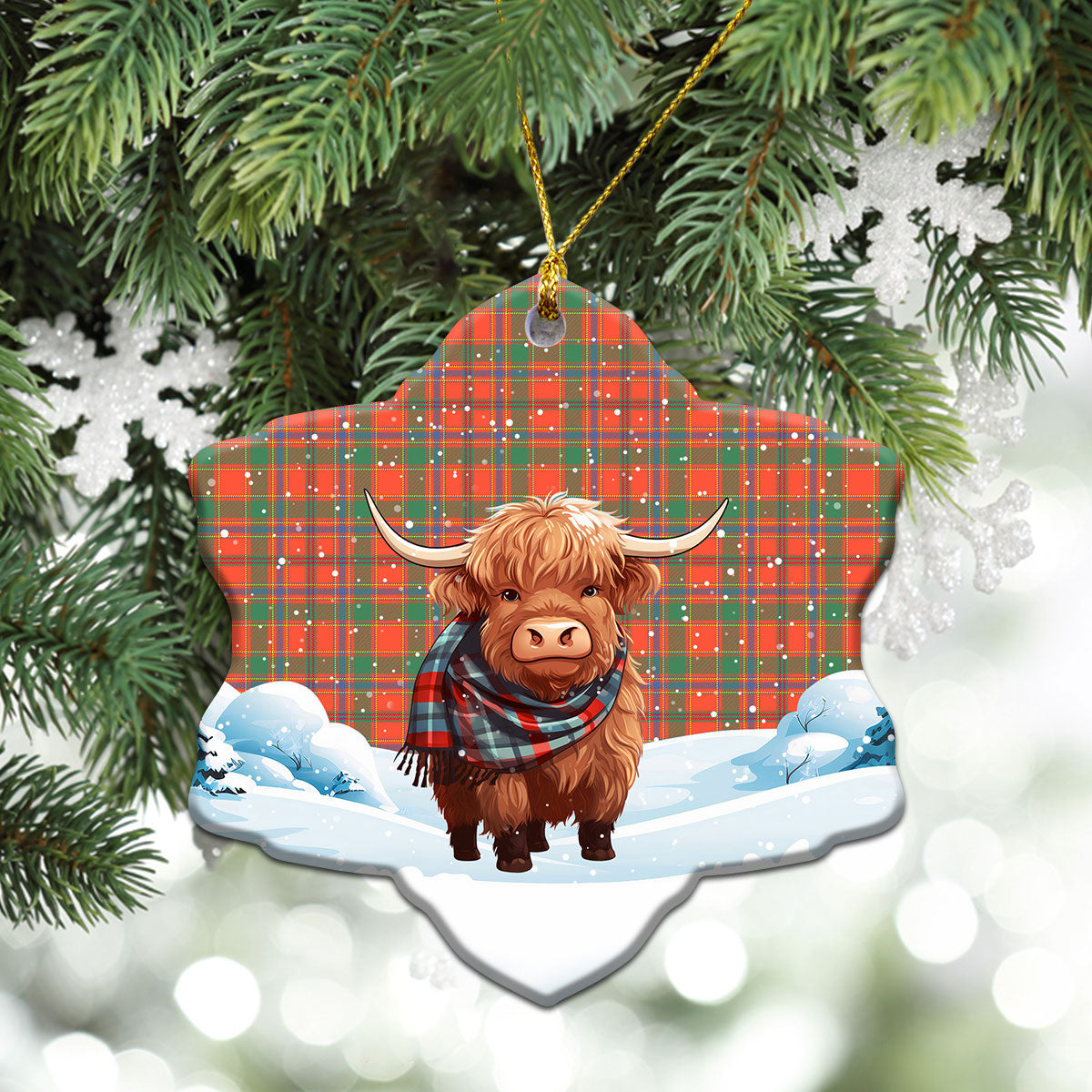 Munro Ancient Tartan Christmas Ceramic Ornament - Highland Cows Snow Style