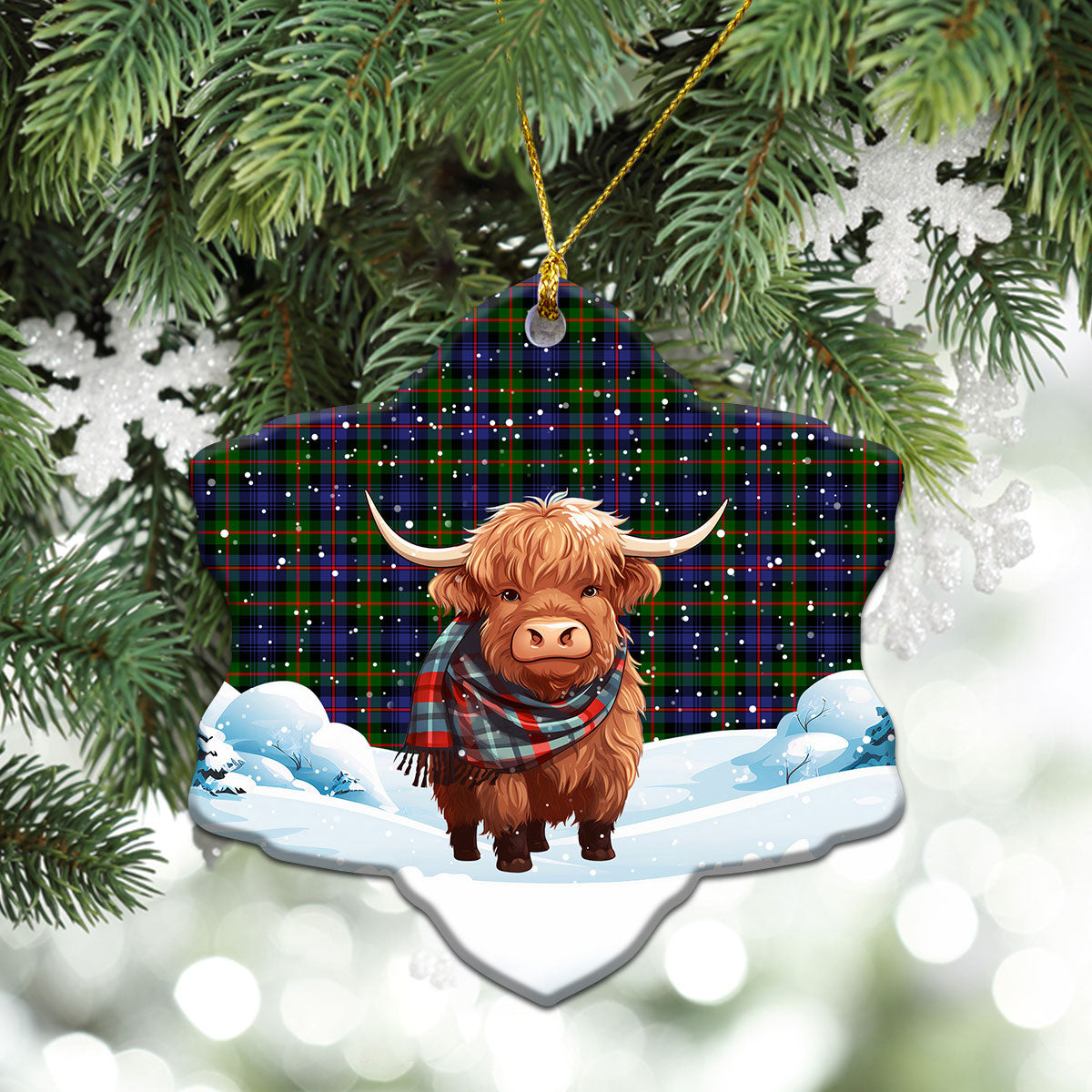 Murray of Atholl Modern Tartan Christmas Ceramic Ornament - Highland Cows Snow Style