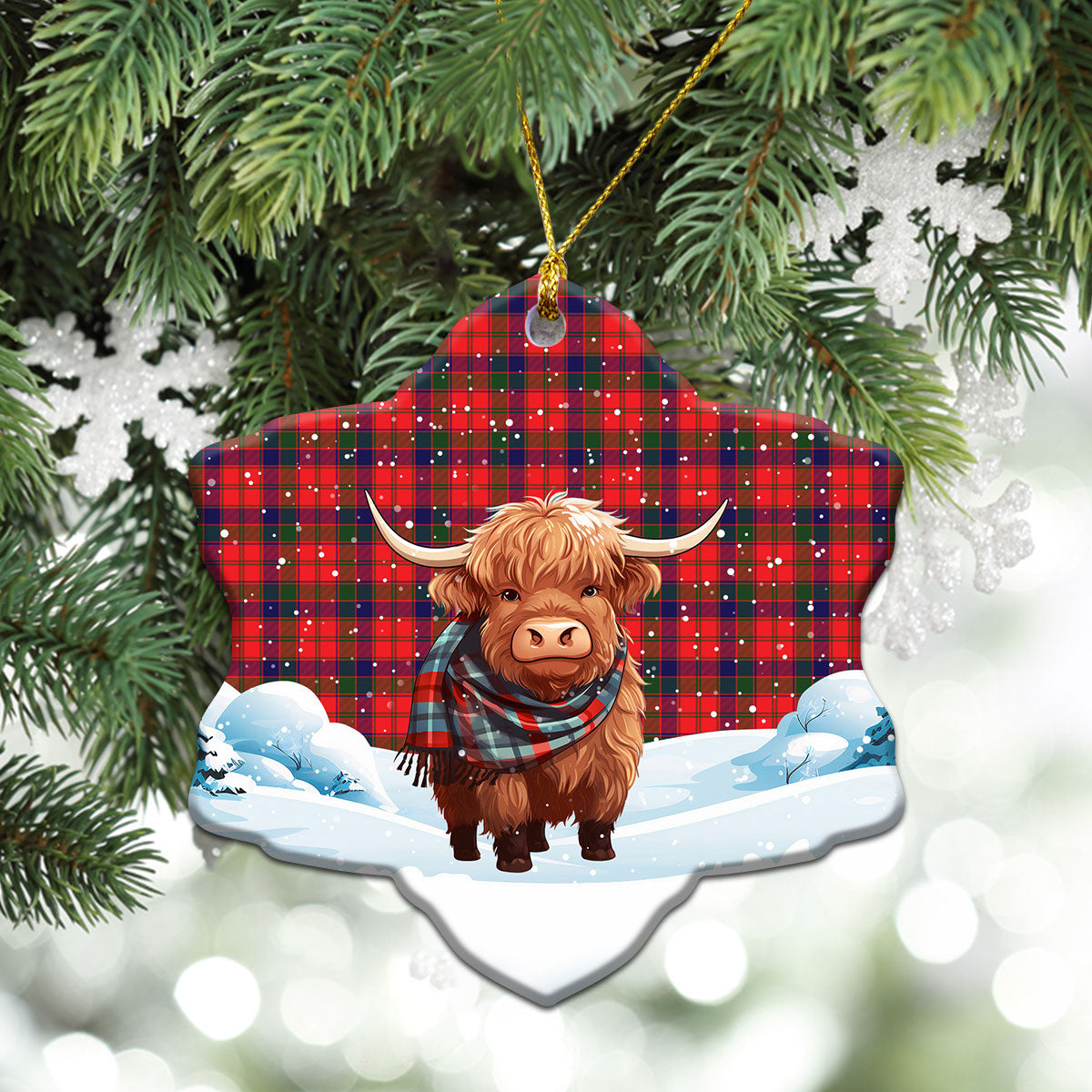 Robertson Modern Tartan Christmas Ceramic Ornament - Highland Cows Snow Style