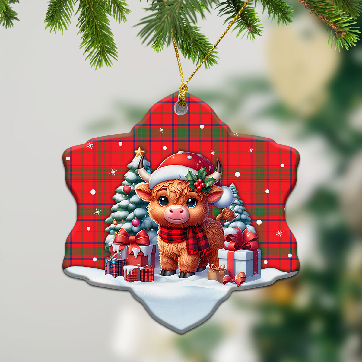 Ross Modern Tartan Christmas Ceramic Ornament - Highland Cow Winter Style