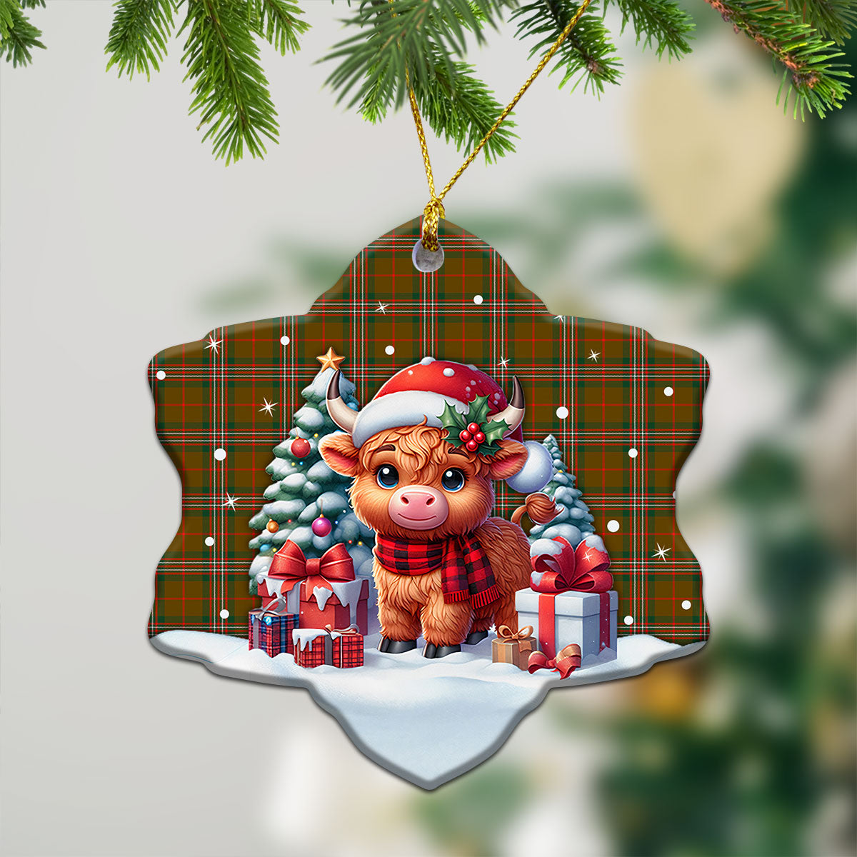 Scott Brown Modern Tartan Christmas Ceramic Ornament - Highland Cow Winter Style