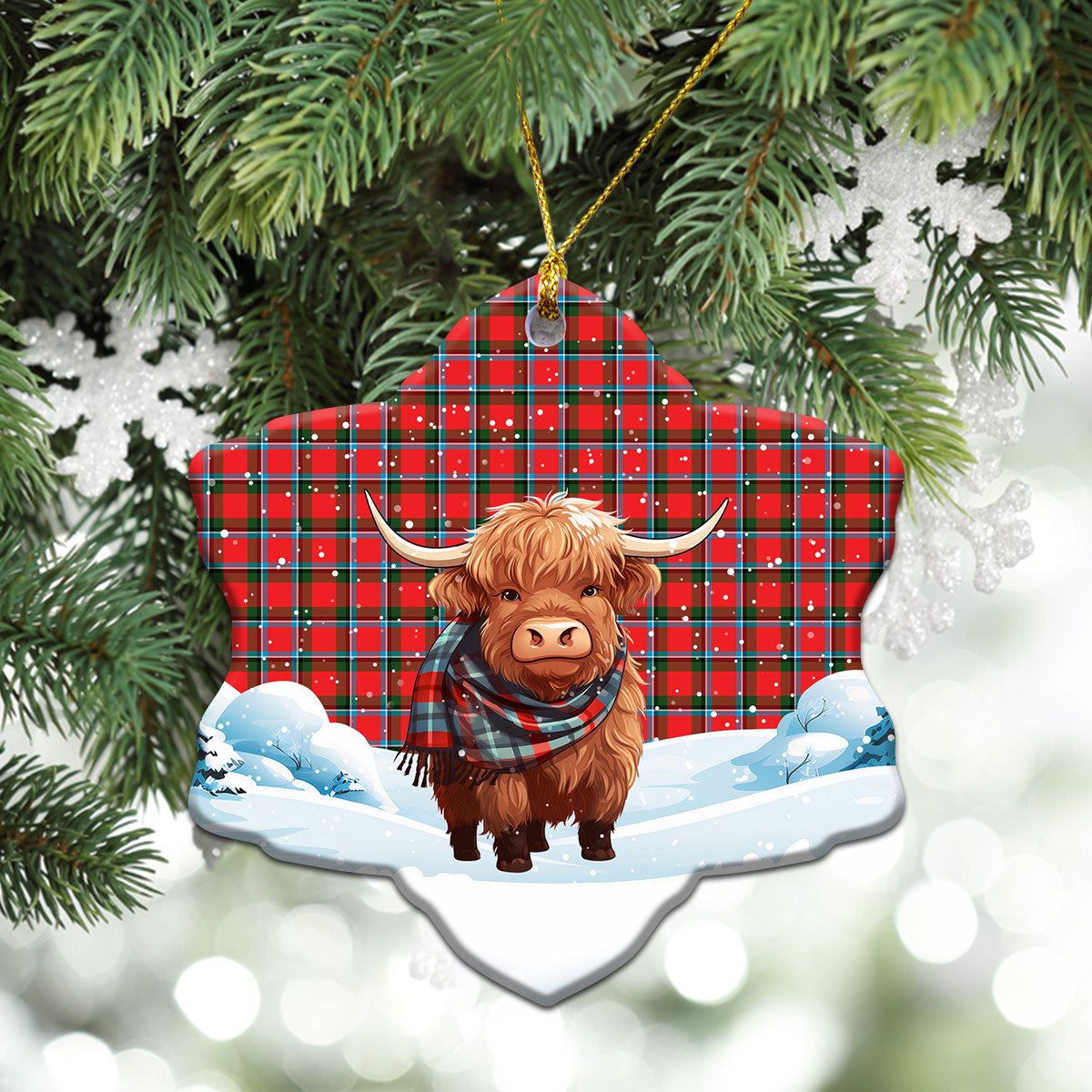 Sinclair Modern Tartan Christmas Ceramic Ornament - Highland Cows Snow Style