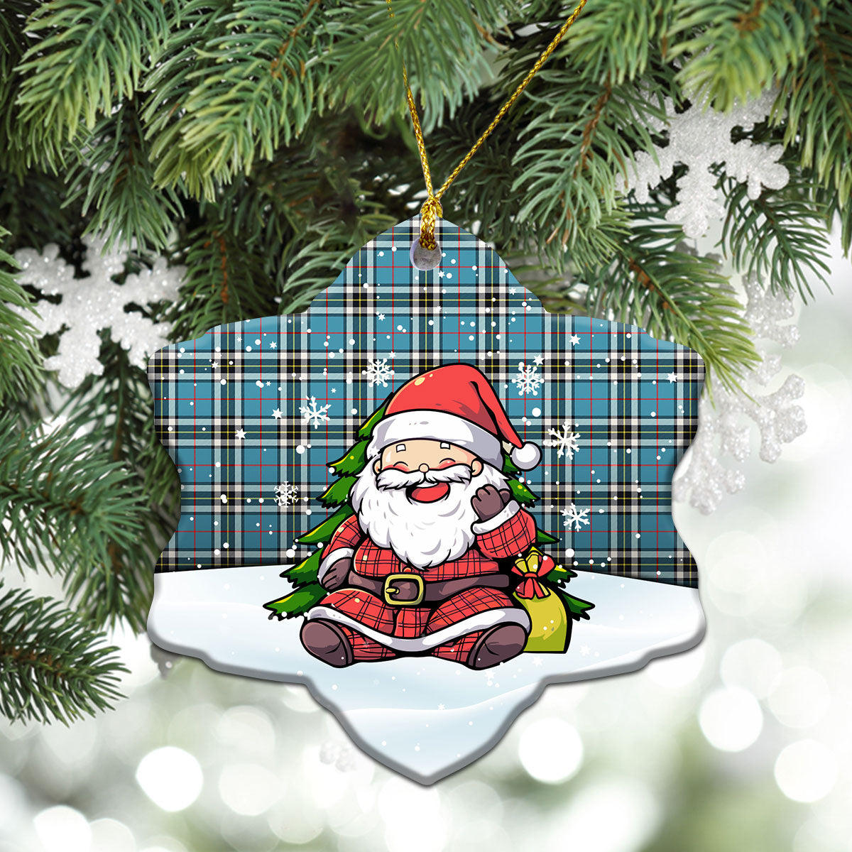 Thomson Blue Tartan Christmas Ceramic Ornament - Scottish Santa Style