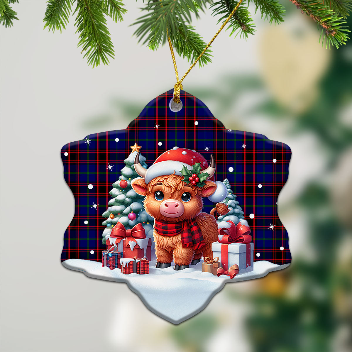 Wedderburn Tartan Christmas Ceramic Ornament - Highland Cow Winter Style