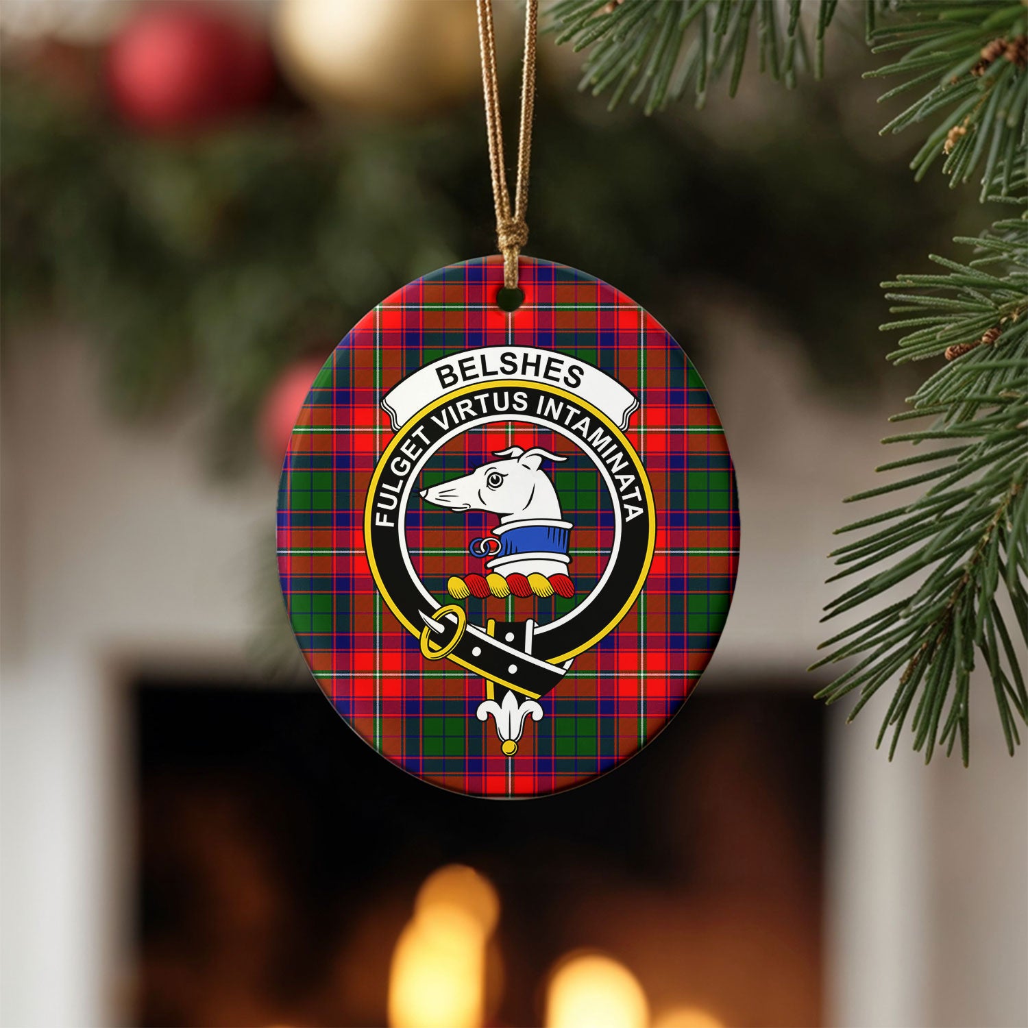 Belshes Tartan Crest Christmas Ceramic Ornament
