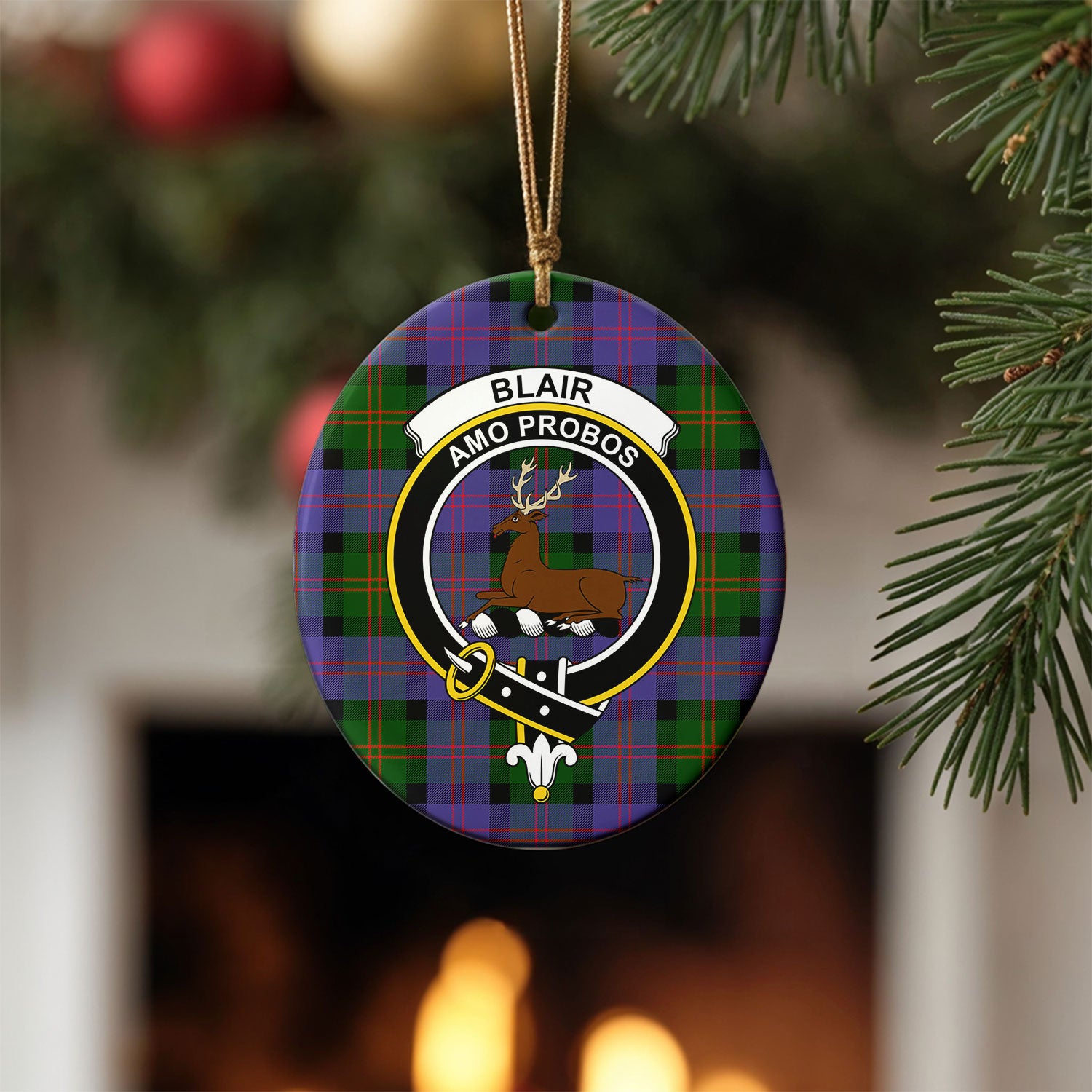 Blair Modern Tartan Crest Christmas Ceramic Ornament