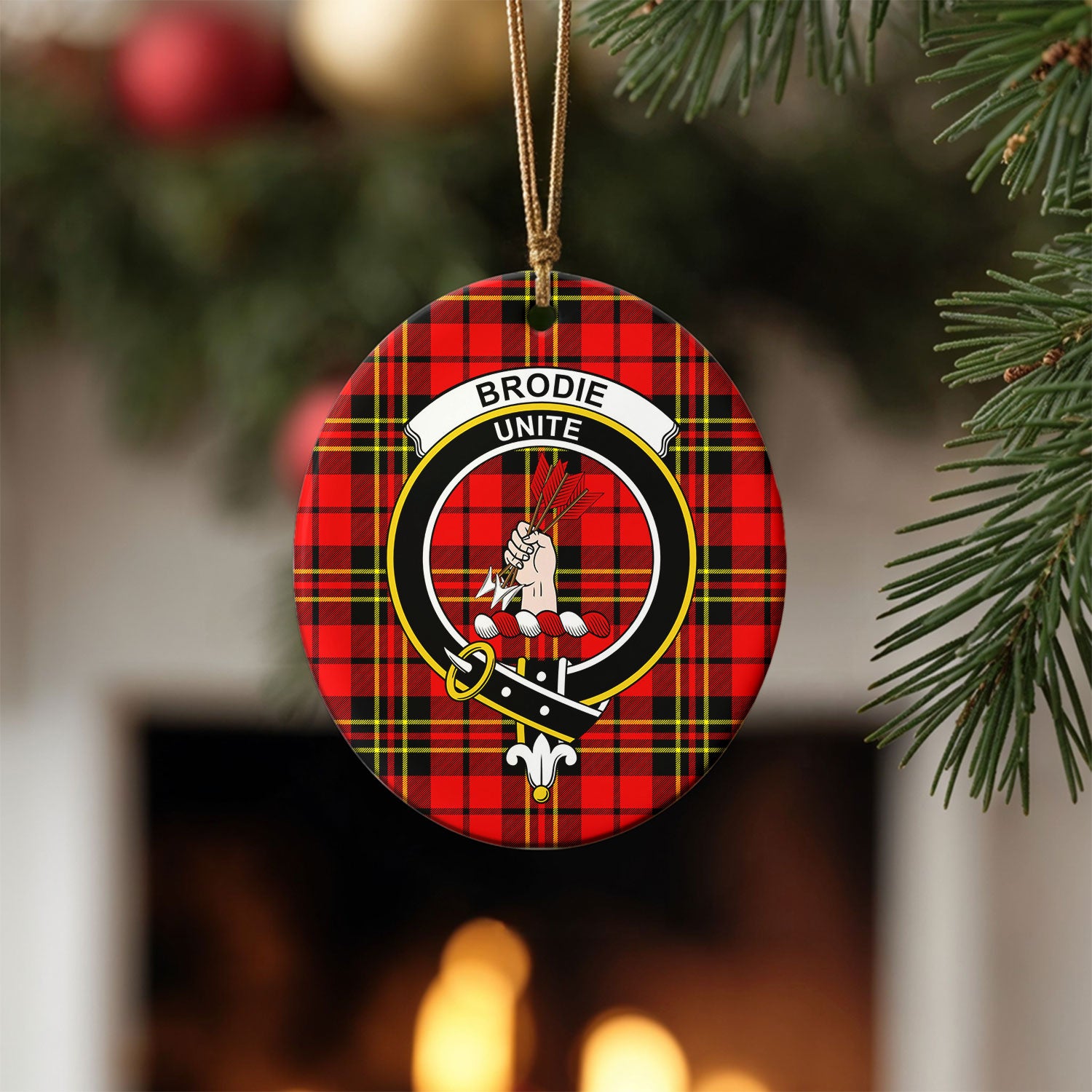 Brodie Modern Tartan Crest Christmas Ceramic Ornament
