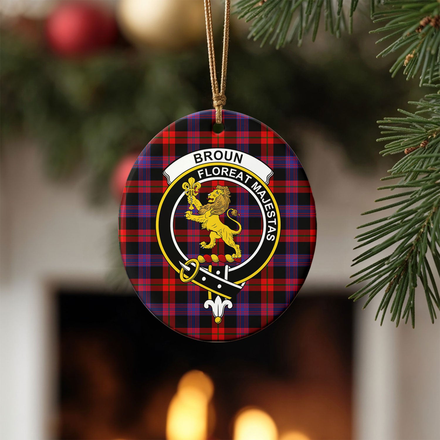 Broun Modern Tartan Crest Christmas Ceramic Ornament