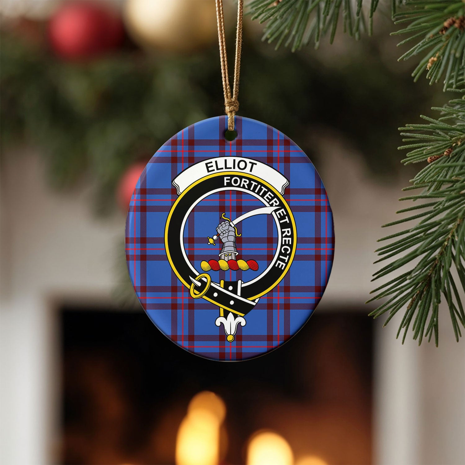 Elliot Modern Tartan Crest Christmas Ceramic Ornament