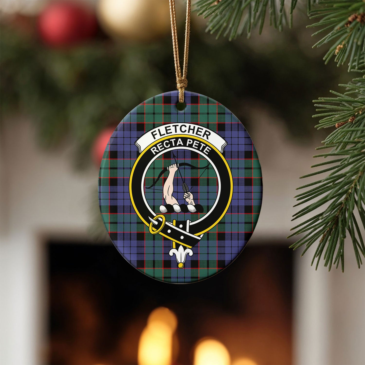 Fletcher Modern Tartan Crest Christmas Ceramic Ornament