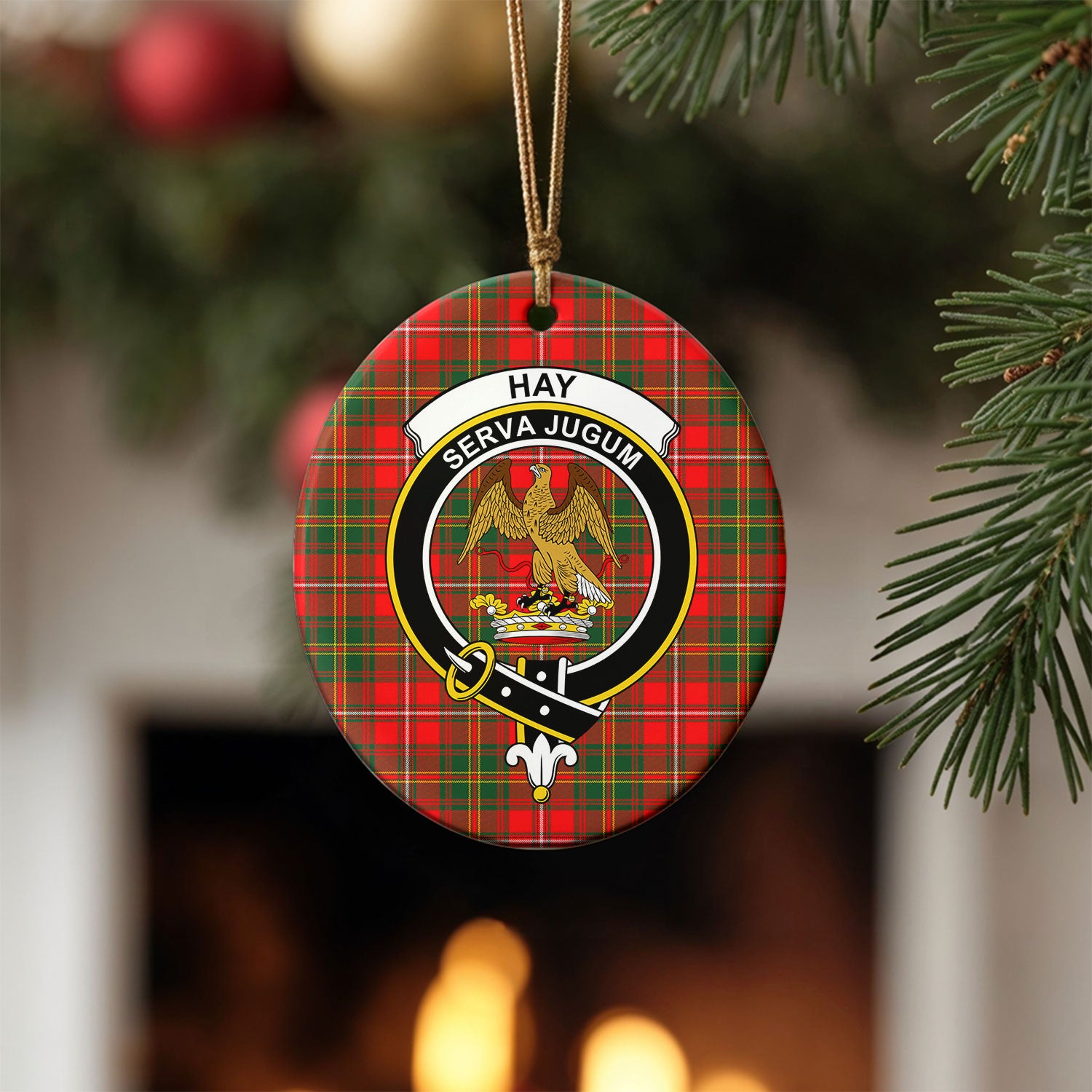 Hay Modern Tartan Crest Christmas Ceramic Ornament