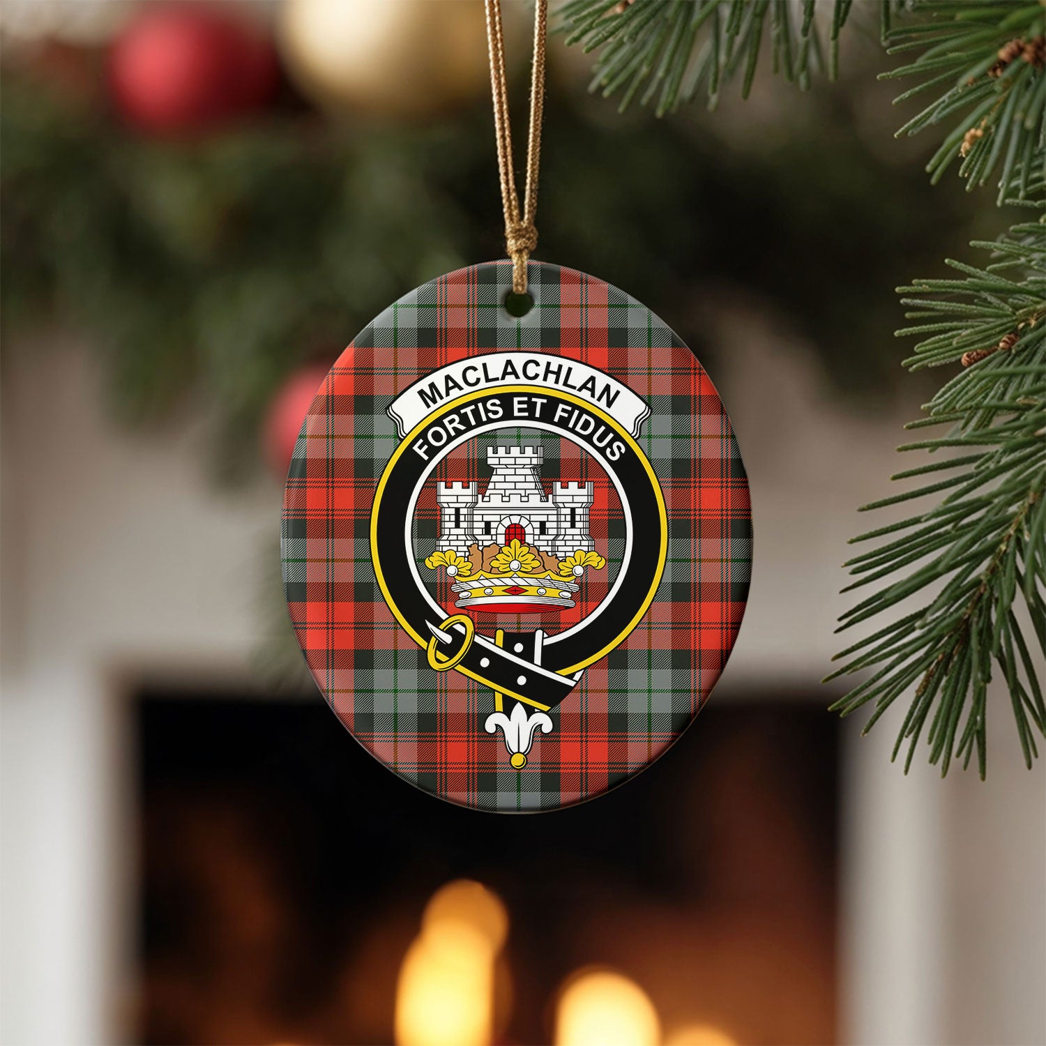 MacLachlan Weathered Tartan Crest Christmas Ceramic Ornament