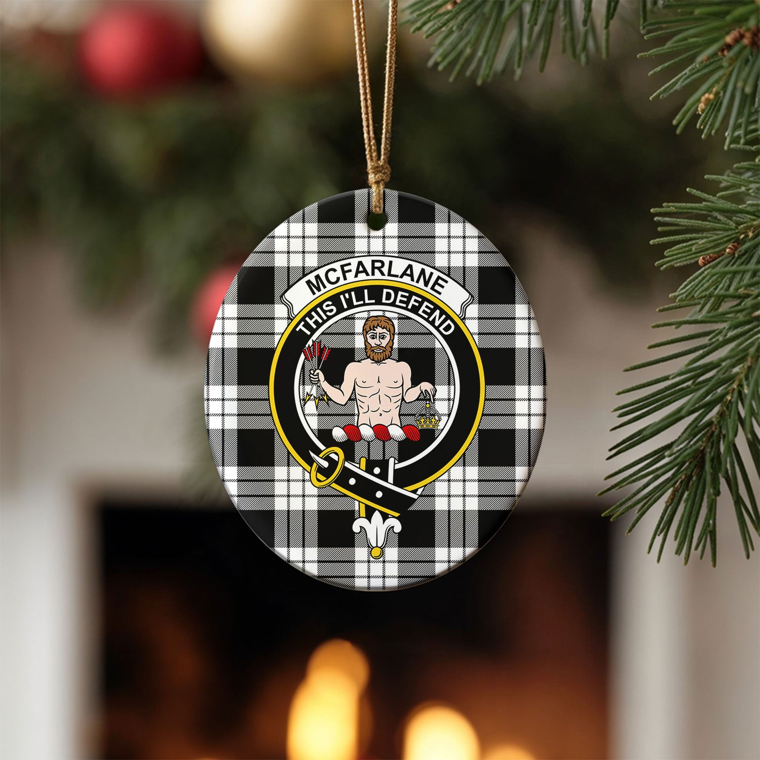 McFarlane Black - White Tartan Crest Christmas Ceramic Ornament