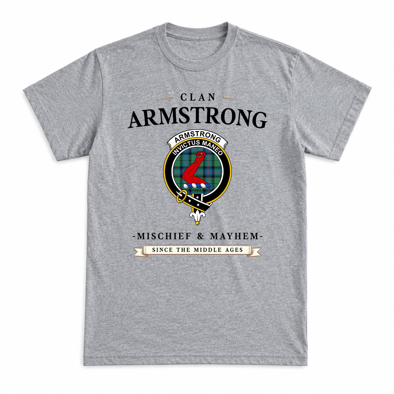Armstrong Ancient Tartan Crest Mischief and Mayhem T-shirt