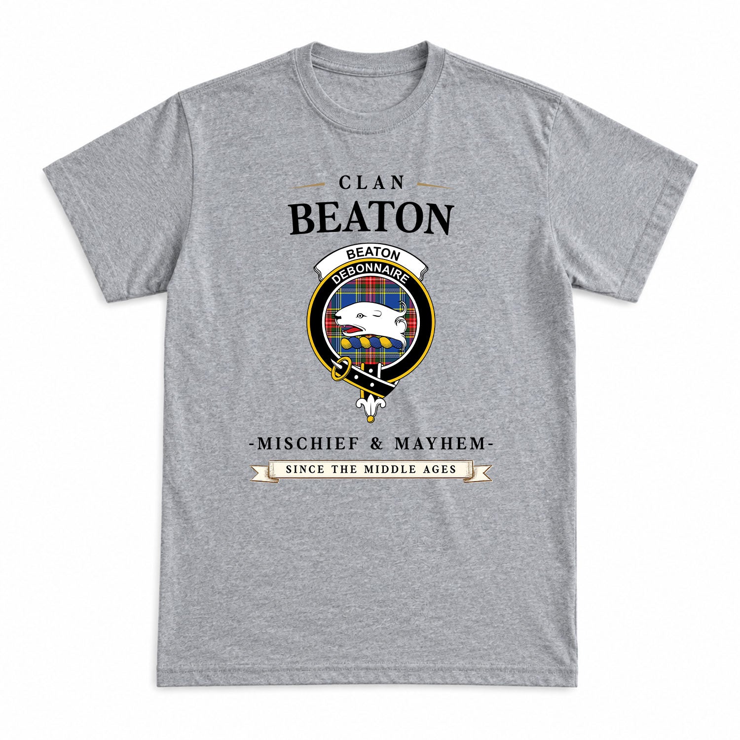 Beaton Modern Tartan Crest Mischief and Mayhem T-shirt