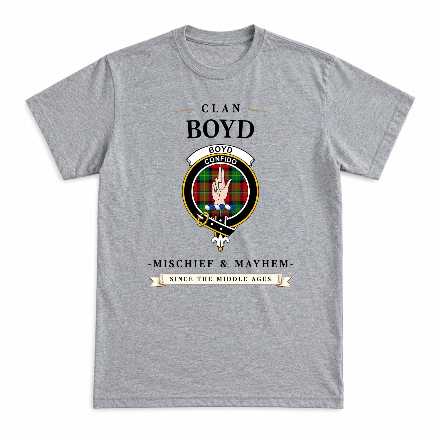 Boyd Modern Tartan Crest Mischief and Mayhem T-shirt