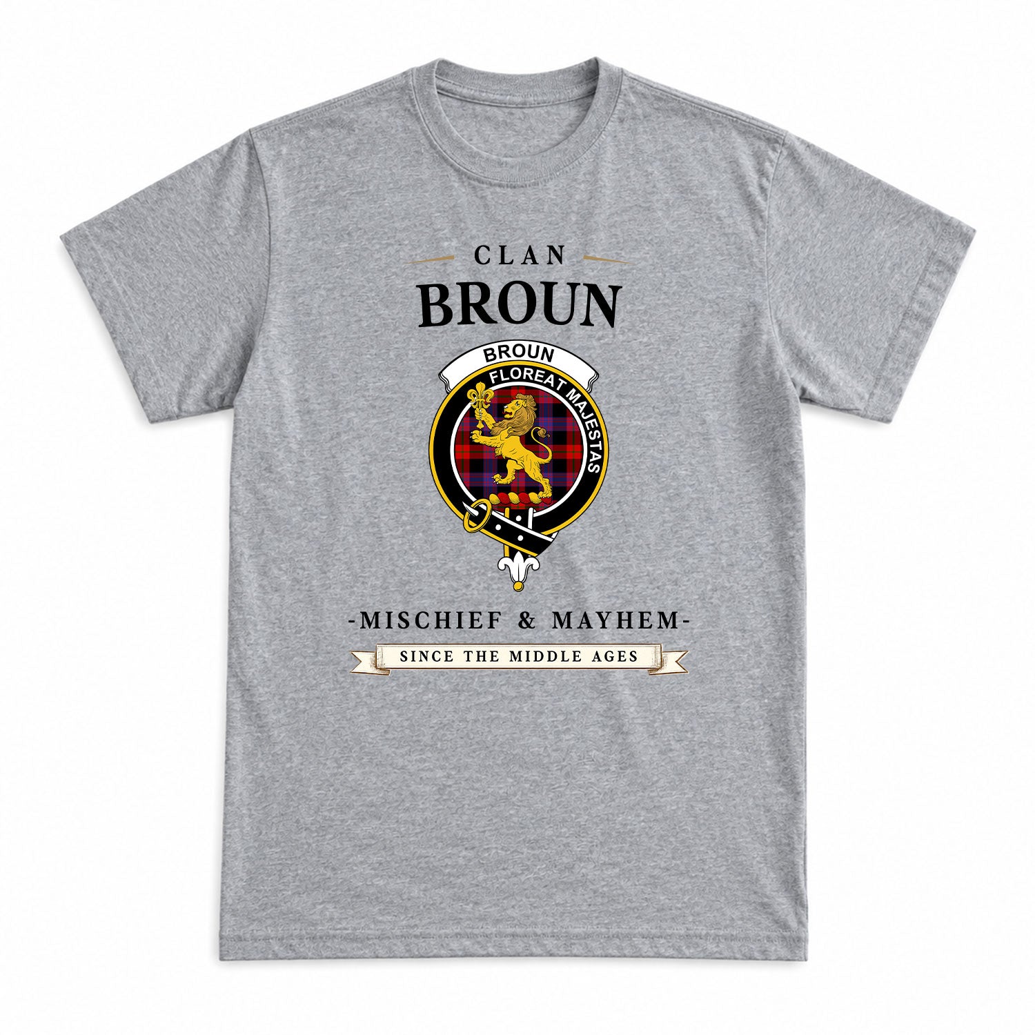 Broun Modern Tartan Crest Mischief and Mayhem T-shirt