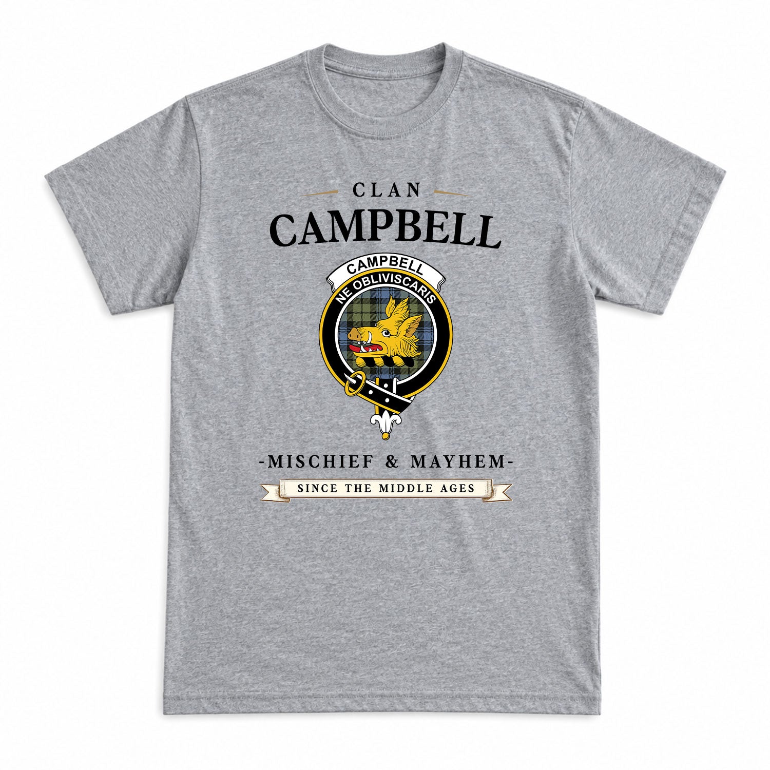 Campbell Faded Tartan Crest Mischief and Mayhem T-shirt