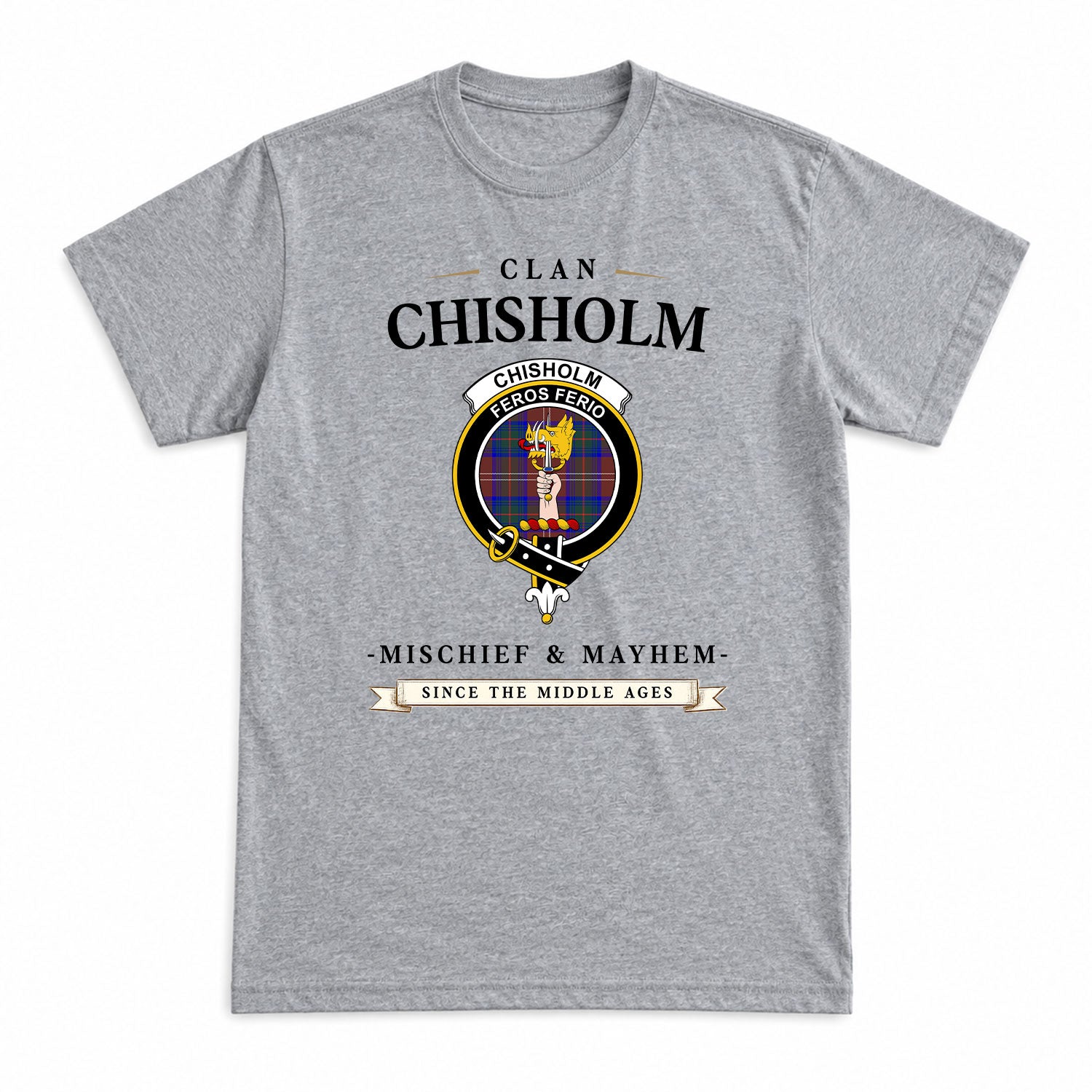 Chisholm Hunting Modern Tartan Crest Mischief and Mayhem T-shirt