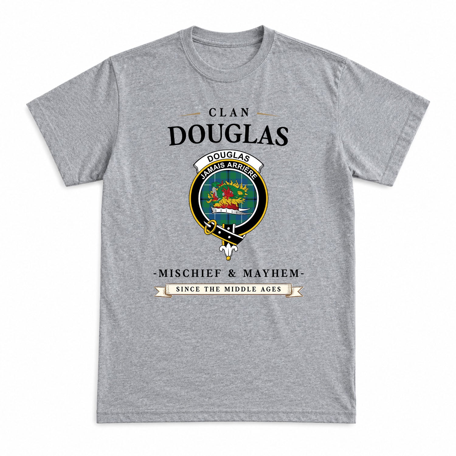 Douglas Ancient Tartan Crest Mischief and Mayhem T-shirt