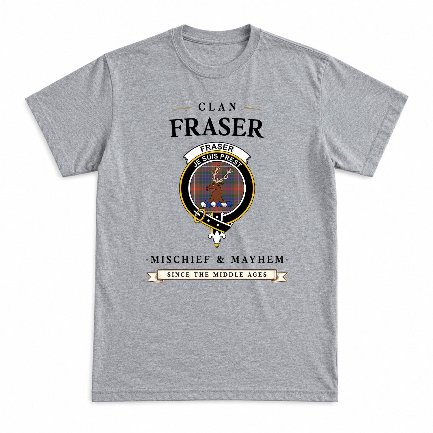 Fraser (of Lovat) Hunting Modern Tartan Crest Mischief and Mayhem T-shirt