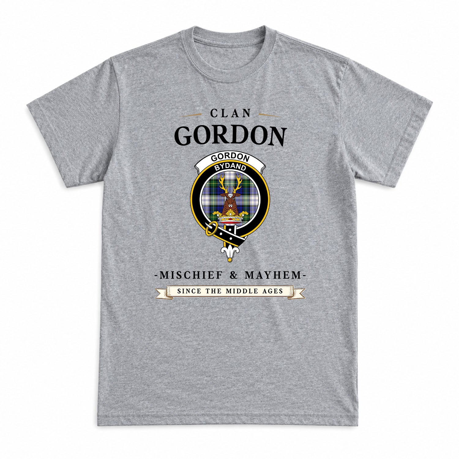 Gordon Dress Modern Tartan Crest Mischief and Mayhem T-shirt