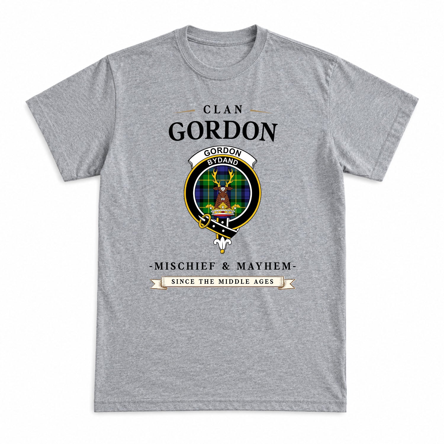 Gordon Modern Tartan Crest Mischief and Mayhem T-shirt